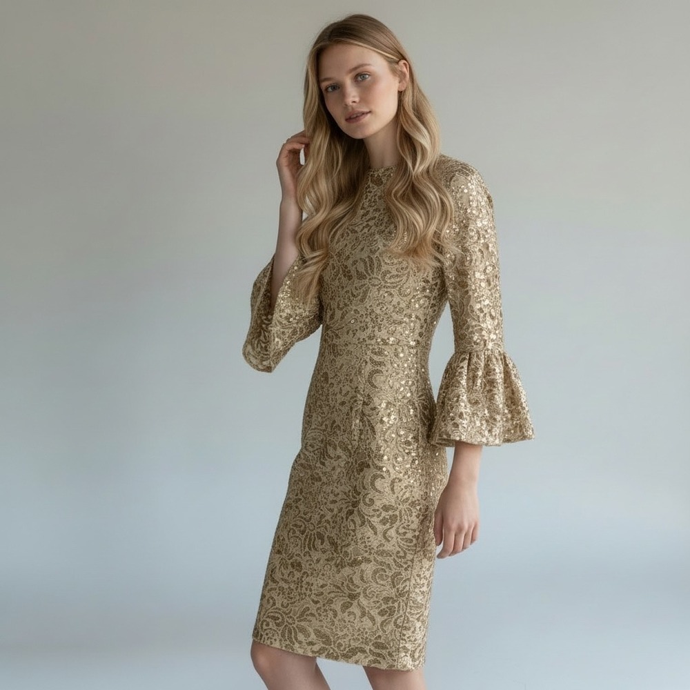 Betsy & Adam Gold Lace Sequin Midi Dress with Flared Sleeves